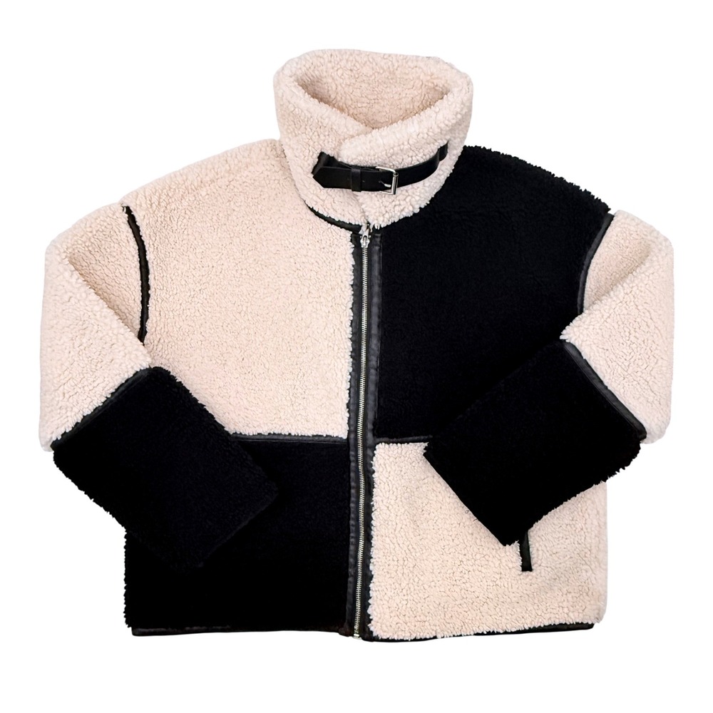 Elan Colorblock Sherpa Teddy Coat Black Cream High Neck Buckle Jacket Size S